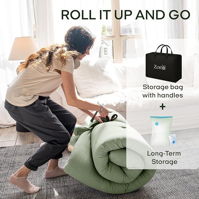 ZonLi Japanese Floor Futon Mattress Queen Size 80"x 60", 100% Cotton Cover 2.5'' Thicken Tatami Mattress, Foldable Sleeping Pad, Portable Dormitory Tatami Mat, Roll Up Floor Lounger Bed for Adult