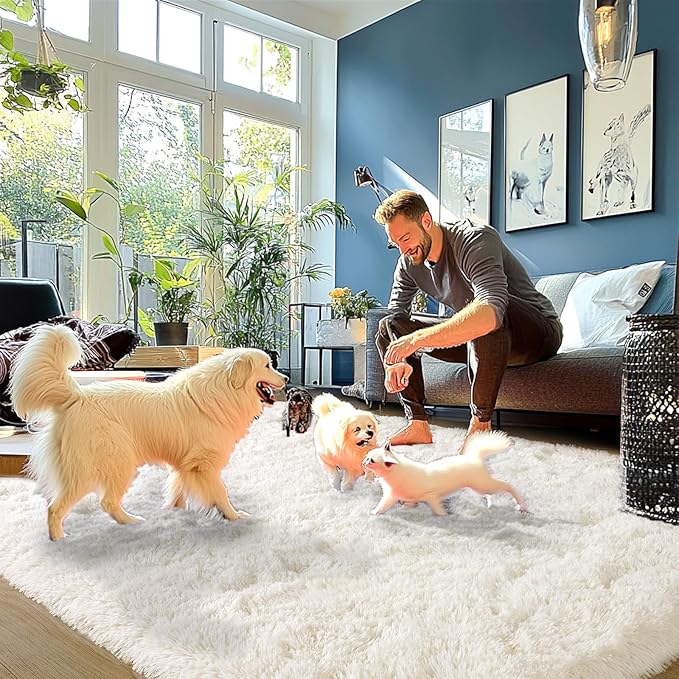 Cream White Plush Rug for Living Room Fuzzy Carpet for Bedroom Dorm, Non-Slip High Pile Rug, Shag Rug for Playroom Nursery Home Office Decor 8X10 Ft