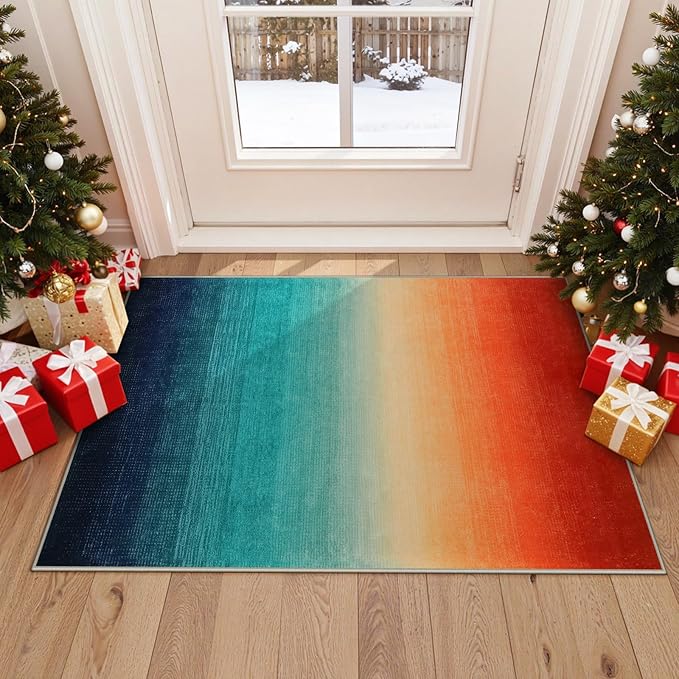 Wonnitar Colorful Small Christmas Rug, Washable 2x3 Rainbow Bathroom Rugs, Modern Ombre Kitchen Sink Accent Mat, Non-Slip Gradient Indoor Floor Carpet for Bath Entryway Front Door (Colorful, 2'x3')