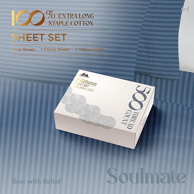 Mayfair Linen 100% Cotton Striped Sheets Split King Size Bed Set - 500 Thread Count Damask Split King Sheets for Adjustable Bed, 5 PC Set (Light Blue Stripe), Cooling, Sateen 16" Deep Pocket Bedsheet