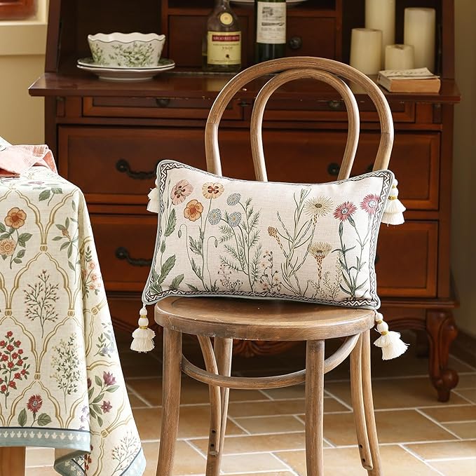 ISAENNE Design Linen Throw Pillow Covers 12"x20", Lumbar Farmhouse Cushion Covers with Yellow Purple Watercolor Wildflower Pattern Decor Pillowcases for Bed,Living Room,Outdoor,Car