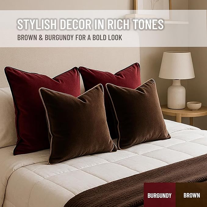 2 Pack Velvet Decorative Throw Pillow Covers, 12"x20", Brown and Camel, Solid, Modern, Contrast Piping, Indoor Use, Bedroom & Living Room