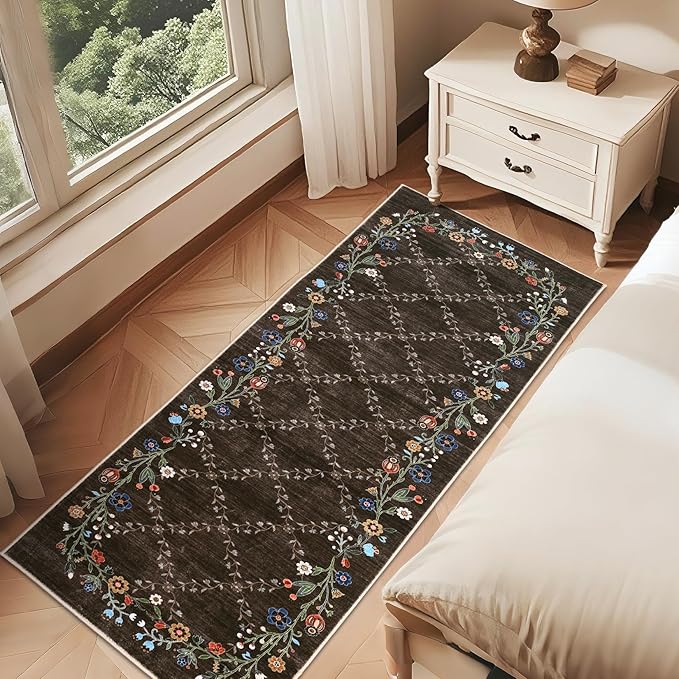 GarveeHome 2x6 Washable Floral Runner Rugs for Hallway: Modern Floral Non Slip Large Runner Rugs for Kitchen, Large Machine Washable Hallways Low Pile Carpet with Non-Slip Backing Brown 2 ft x6 ft.