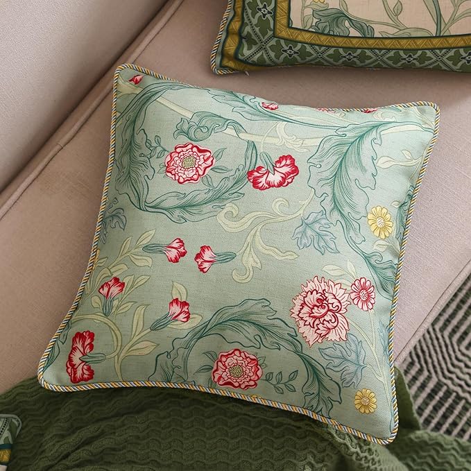patdrea Designer Square Throw Pillow Covers,Farmhouse Linen with Green Floral Pattern Pillows Cover,Decorative Pillowcases Cushion for Bed Living Room Outdoor Car,18"x18"