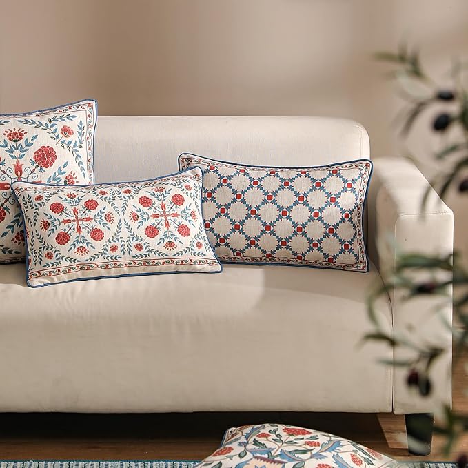 patdrea Designer Throw Pillow Covers Set of 2,Lumbar Brilliant Vintage Red Tropical Linen with Floral Pattern Pillow Cover,Decorative Rectangle Pillowcases Cushion for Bed Living Room,12"x20"