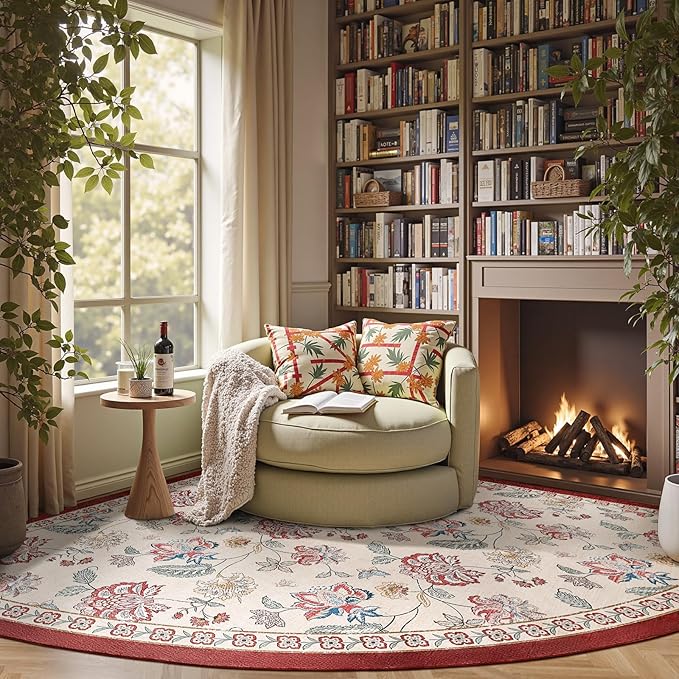 jinchan Elora Floral Corner Rug for Living Room Washable Rug Vintage Romance Christmas Design Non Slip Quarter Circle Lightweight Low-Pile Throw Carpet for Reading Playroom, 8ft Radius, Red/Beige