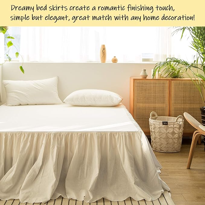 BISELINA French Linen Bed Skirt with Pleated Frills 22-Inch Tailored Drop Natural Flax Cotton Blend Dust Ruffle Soft Cozy Farmhouse Bedding (22" Twin, White)
