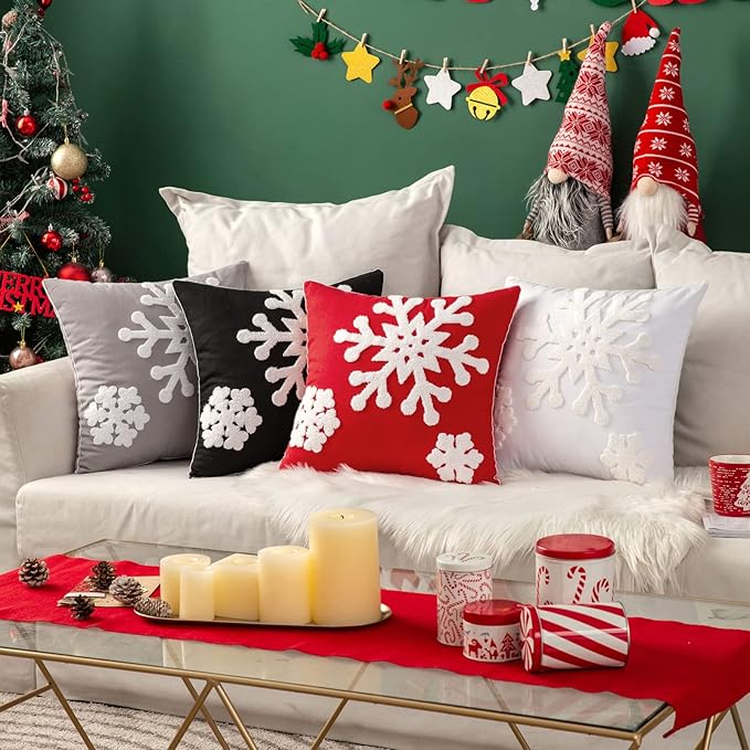 MIULEE Pack of 2 Christmas Decorative Snowflake Throw Pillow Covers Canvas Embroidery Winter Cushion Cases Holiday Decor Soft Pillowcases for Winter Couch Sofa Bedroom Car（Black, 20x20in）