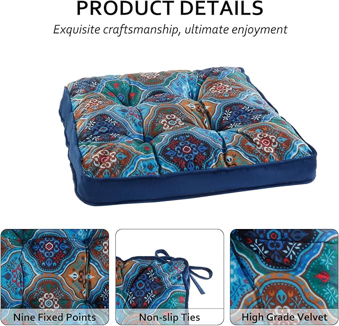 Bohemian Square Seat Cushions for Kitchen Dining Living Tea Room,16.5" x 16.5" Printing Velvet Chair Pads with Non-Slip Ties, 2Packs, Blue