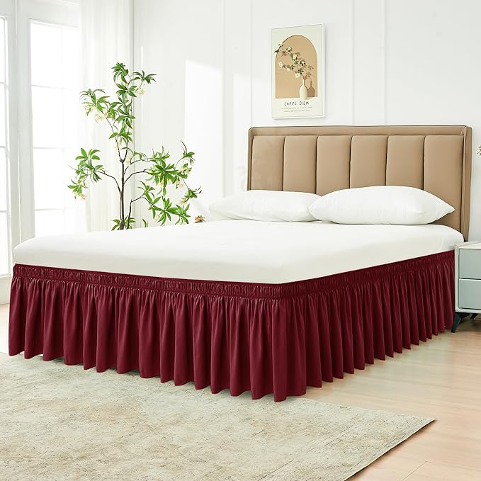 Biscaynebay Wrap Around Bed Skirts for King & Cal King Beds 16" Drop, Burgundy Adjustable Elastic Dust Ruffles Easy Fit Wrinkle & Fade Resistant Silky Luxurious Fabric Solid Machine Washable