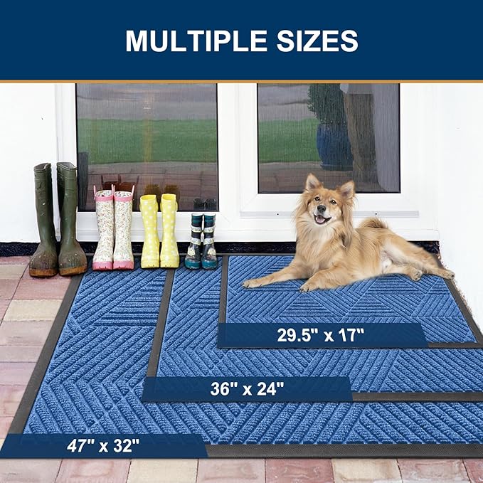 Smiry Front Door Mat Outside Entrance, Heavy Duty Sturdy Natural Rubber Doormat, Trap Dirt and Moisture, Easy Clean Low Profile Mats for Indoor Outdoor Entry, Irregular Triangle (71x24, Blue)
