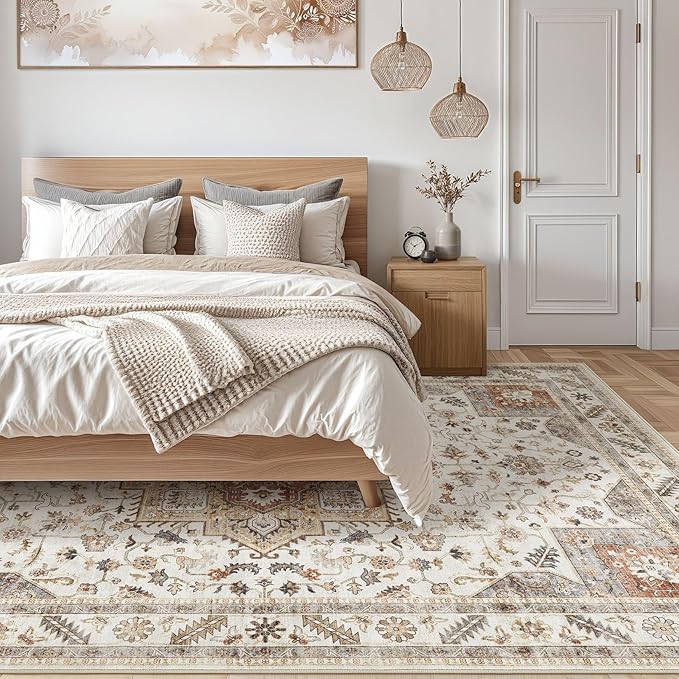 Vintage Living Room Area Rug 5x7 - Large Soft Washable Oriental Traditional Distressed Farmhouse Rugs for Bedroom - Indoor Floor Accent Carpet for Home Office House Decor - Golden Taupe