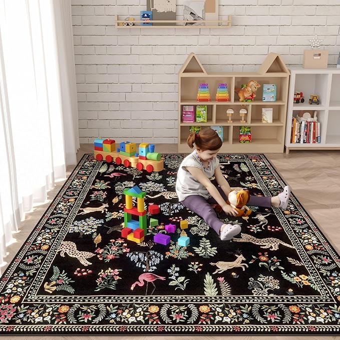 Rugcomf Area Rugs 8x10 Rug for Living Room Clearance Washable Boho Area Rug Non Slip Floral Animal Vintage Low Pile Large Rug for Living Room, Bedroom, Farmhouse, Dining Room, Kids Playroom (Black)