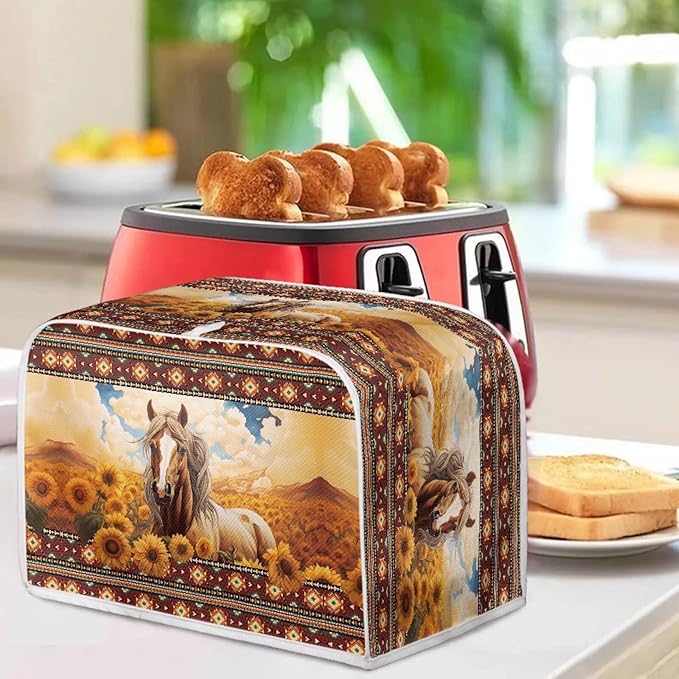 Aztec Horse Sunflower Printed Oven Cover Toaster Cover for Home, Tribal Horse Printed Toaster Cover Dirt and Fingerprint Protection, 4 Slice Toaster Oven Cover Kitchen Accessories