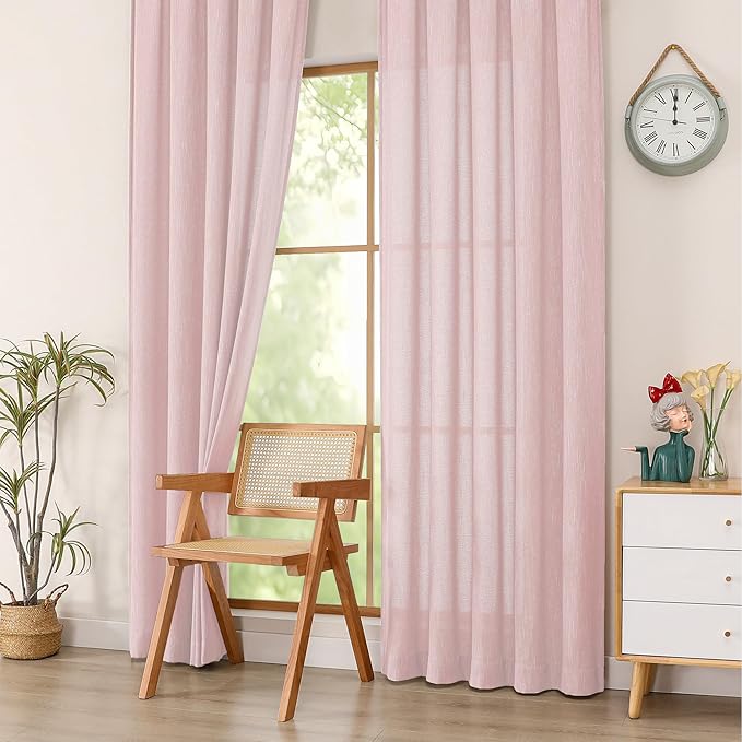 Simplebrand Blush Semi Sheer Faux Linen Textured 120 Inches Long Curtains 2 Panels Set, Privacy Farmhouse Window Drapes for Living Room/Birthday Party/Hallway Window Guest Room, 10FT, 50 x 120 Inch