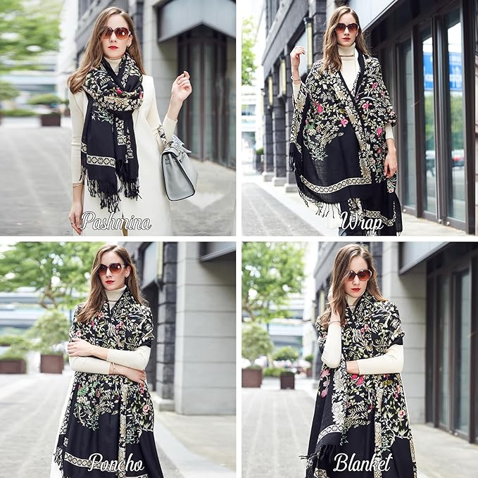 DANA XU 100% Merino Wool Extra Large Pashmina Blanket Travel Scarf Cashmere Wrap for Women Fall Winter Oversize Shawl Floral