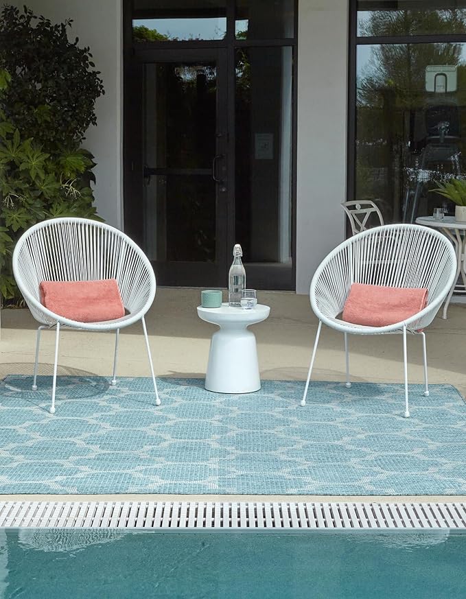 Unique Loom Outdoor Trellis Collection Area Rug (7' 10" Square, Aquamarine/ Gray)