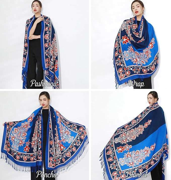DANA XU 100% Merino Wool Pashmina Shawl for Women 96"x43", Oversized Cashmere Wrap with Tassels, Floral Travel Blanket Cape