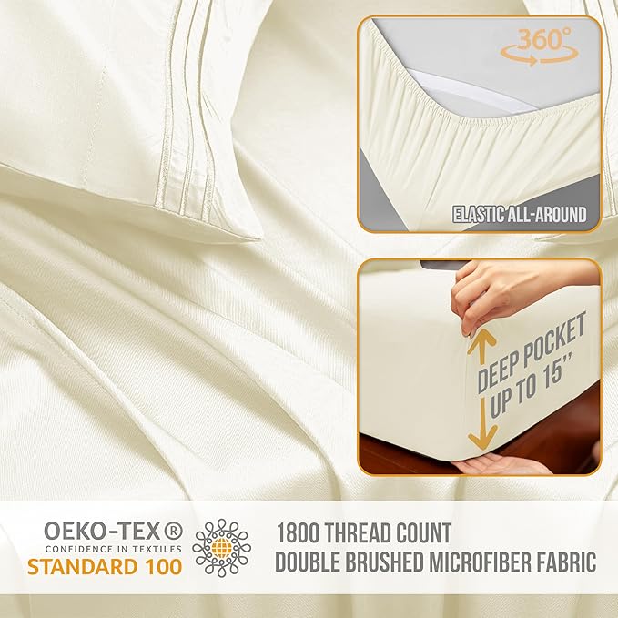 King Size Sheets Set Cooling - Luxury Hotel Sheets - Soft Bed Sheet with Elastic Corner Straps - Deep Pockets Microfiber Bedsheet - Bedding Sheet & Pillowcases - 4 Piece (King, Ivory)