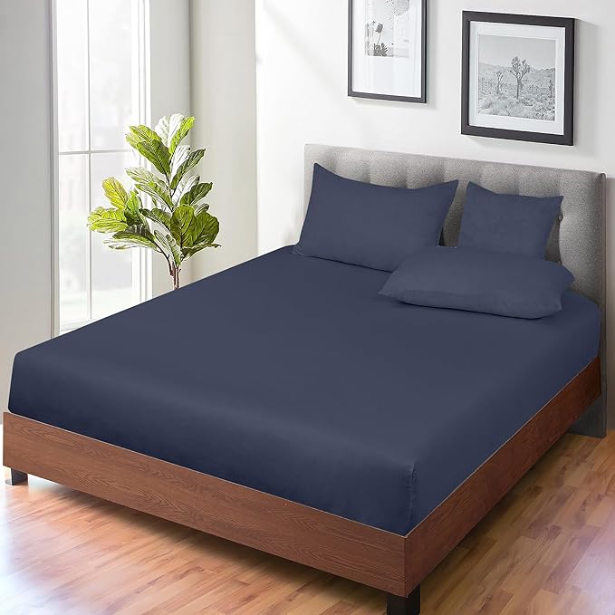 ROYALE LINENS 300 Thread Count 100% Long Staple Combed Cotton Fitted Sheet King - Super Soft Deep Pocket Bottom Sheet - Fitted Sheets Only - Elastic Sheets (King, Navy)