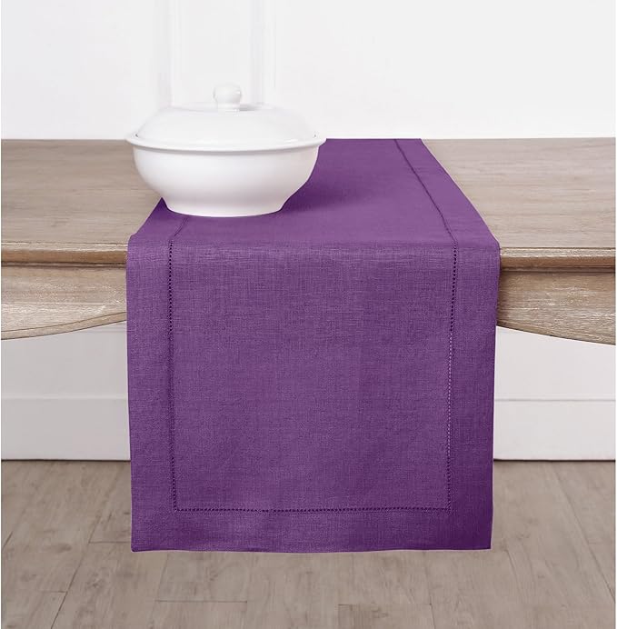 Solino Home Linen Purple Table Runner 36 Inches - Classic Hemstitch, 100% Pure Linen Coffee Table Runner 14 x 36 Inch Ideal for Dresser Tables - Winter, Holiday, Christmas