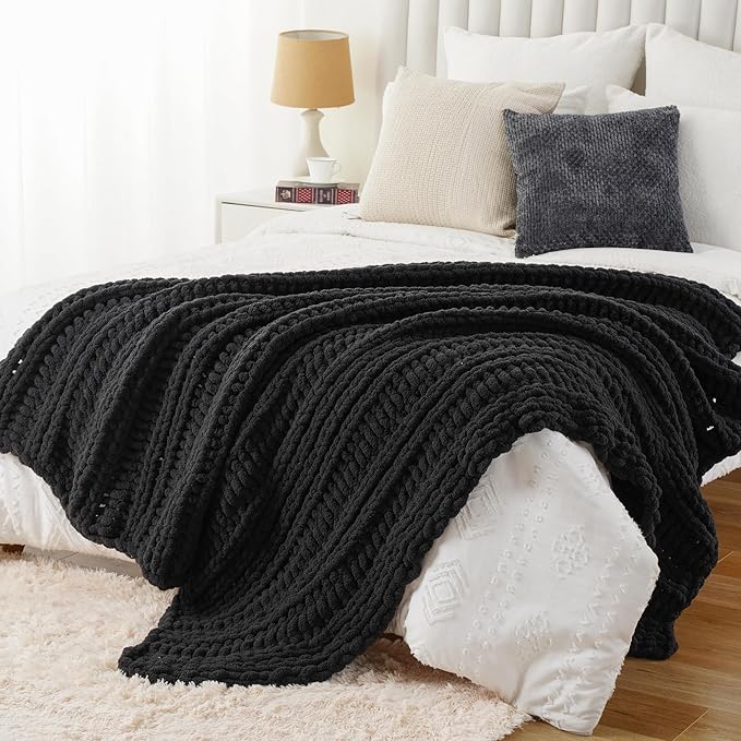Battilo Chunky Knit Throw Blanket for Couch, Dark Grey Chenille Throw Blanket Thick Warm Cozy Soft Cable Knitted Blanket for Sofa,Bed, Living Room, 50"x60"