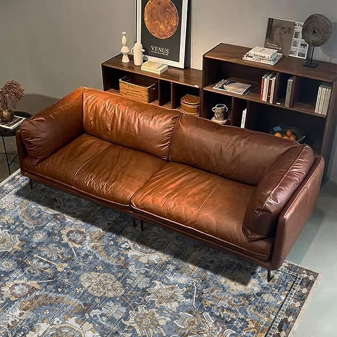 RUGSURE Washable Area Rugs - Stain & Water Resistant Non-Slip Backing - Pet & Child Friendly Vintage Tribal Design in Navy with Beige, Brown & Gold Accents - Ideal for Living Room (8' x 10')