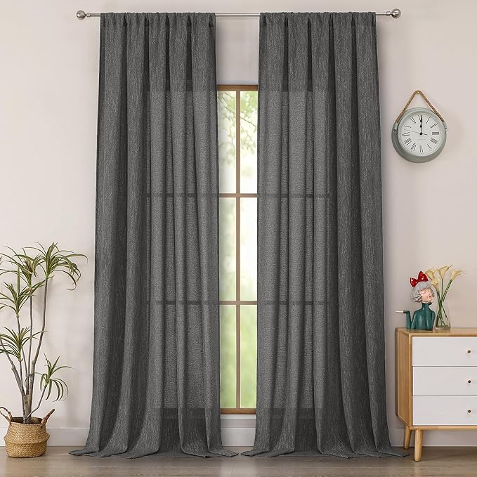 Simplebrand Grey Semi Sheer Faux Linen Textured 120 Inches Long Curtains 2 Panels Set, Privacy Farmhouse Window Drapes for Living Room/Birthday Party/Hallway Window Guest Room, 10FT, 50 x 120 Inch