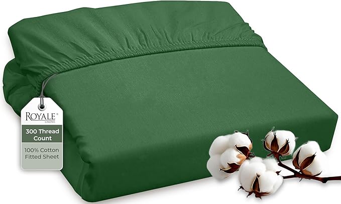 ROYALE LINENS 300 Thread Count 100% Long Staple Combed Cotton Fitted Sheet Queen - Super Soft Deep Pocket Bottom Sheet - Fitted Sheets Only - Elastic Sheets (Queen, Hunter Green)