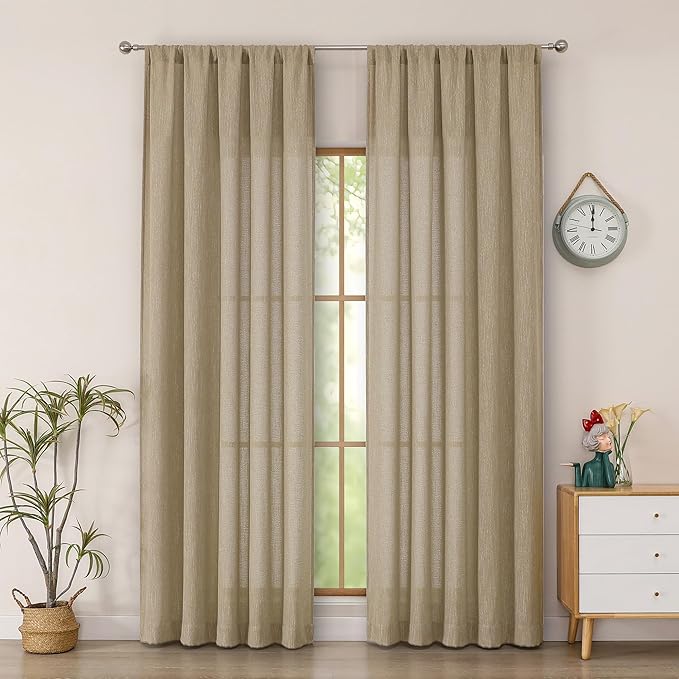 Simplebrand Taupe Semi Sheer Faux Linen Textured Curtains 84 Inches Long 2 Panels, Light Filtering Farmhouse Bedroom Curtains, Farmhouse Rod Pocket Soft Thick Window Drapes for Living Room, 50Wx84L