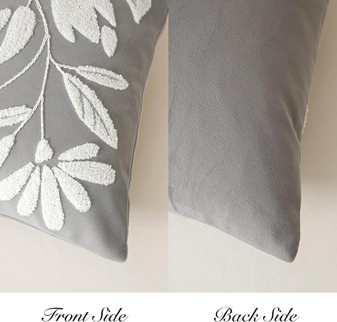 BlissBlush Grey Velvet Decorative Lumbar Throw Pillow Cover 12X20, Light Gray Floral Tufted Soft Farmhouse Textured Pillowcase, Accent Pillowcase for Couch Sofa Bed Living Room