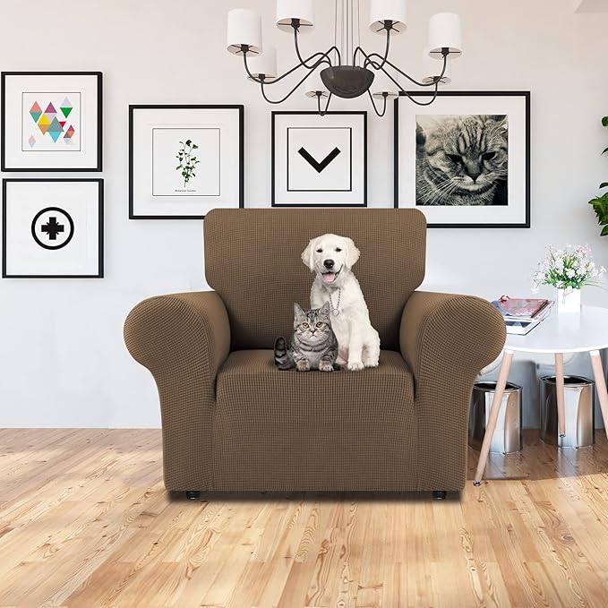 LURKA Stretch Chair Sofa Slipcovers 1 Piece Couch Covers for Sofa Furniture Protector Full Sofa Covers with Elastic Bottom for Kids and Dog (Camel, Small)