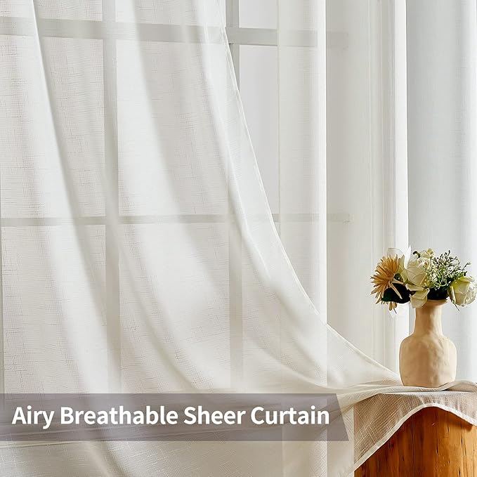 MIULEE Natural Linen Semi Sheer Window Curtains - Elegant Solid Ivory Drapes with Grommet Top - Voile Panels for Bedroom & Living Room (52X108 Inch)