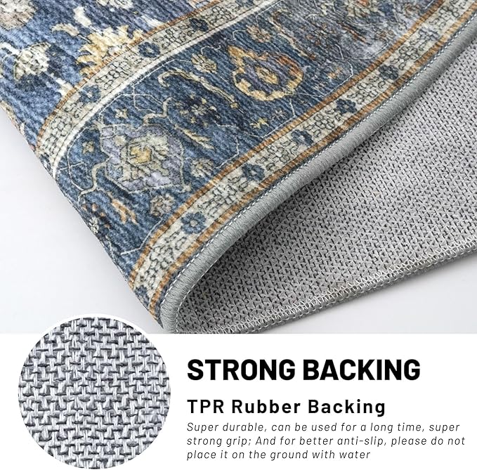 KUTA Vintage Washable Runner Rug, 2.6x10 Blue Grey Beige Runners for Hallways Non-Slip Kitchen Rugs Ultra Thin Soft Printed Distressed Oriental Floral Floor Carpet for Laundry Living Room Nursery