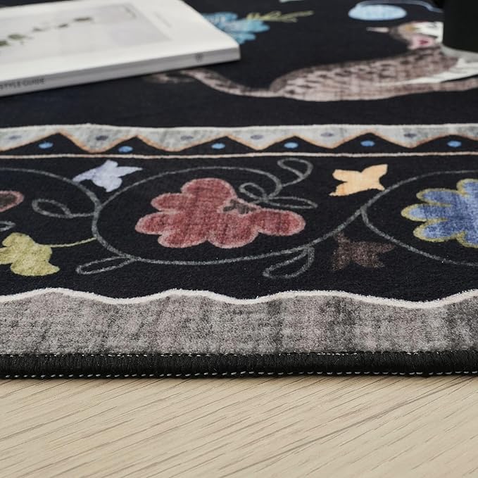 Rugcomf Area Rugs 9x12 Living Room Clearance Washable Boho Rug Non Slip Floral Animal Cat Vintage Low Pile Large Rug for Living Room Bedroom Farmhouse Dining Room Kids Playroom, Black
