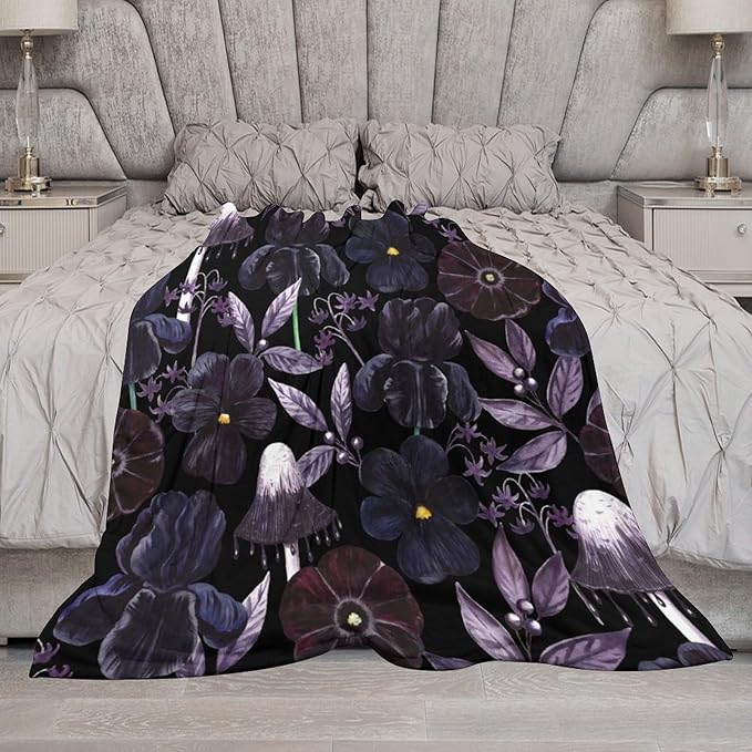 Gothic Floral Blanket, Vintage Abstract Black Purple Peony Flowers Mushroom Print Throw Blanket for Room Bedding Couch Decor Soft Lightweight Warm Cozy, 30"x40"