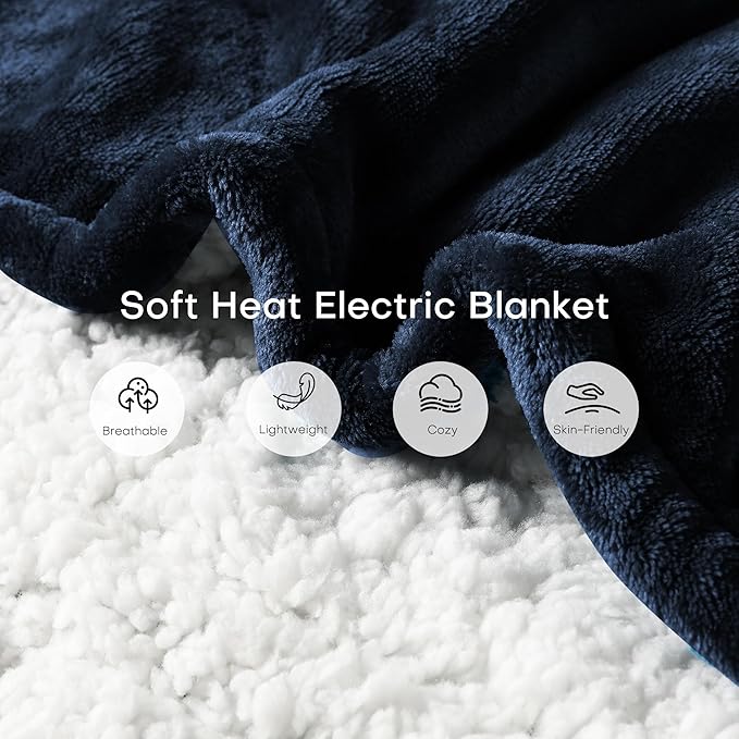 Electric Blanket Twin Size 62" x 84" Thickened Flannel and Sherpa Heated Blanket,10 Hours Timer Auto-Off,5 Heating Levels,for Bedroom Office Couch,Navy Blue