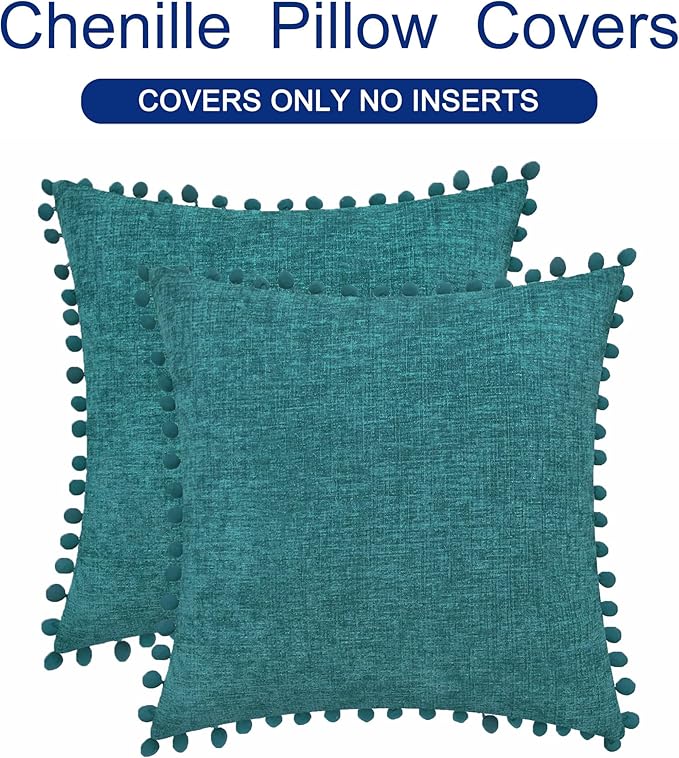 CaliTime Throw Pillow Covers Decorative 18 X 18 Inches Pack of 2 Cozy Solid Dyed Soft Chenille Cushion Cases with Pom Poms for Couch Sofa Bed Living Room Home Teal
