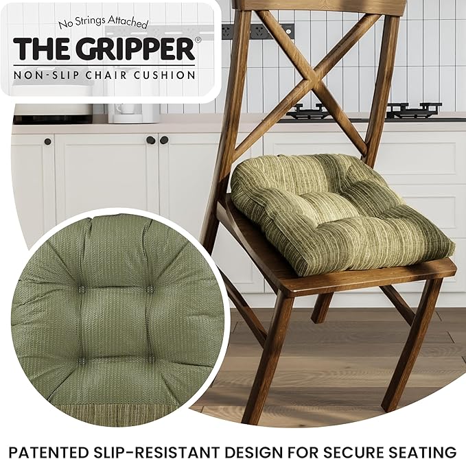 Klear Vu Gripper Overstuffed Universal Non-Slip Dining Chair Cushions for Kitchen Decor or Office Use, U-Shaped Skid-Proof Seat Pad, 17x17 Inches, 2 Count (Pack of 1), Chenille Green