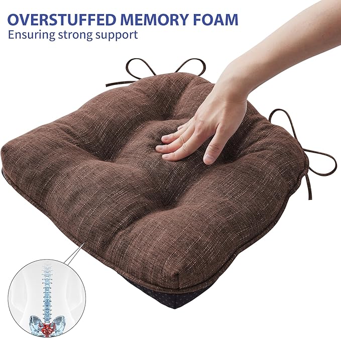 Chair Cushions for Dining Chairs Set of 2, Kitchen Chair Cushions, Chair Pads with Ties and Non Slip Backing, Tufted Memory Foam Seat Cushion 2 Pack, 15.5" x 15.5" x 4", Brown