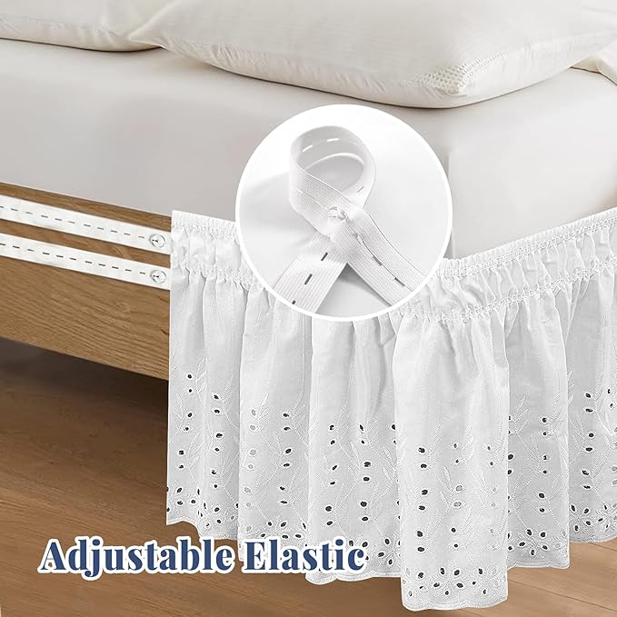 Twin Bed Skirt, Wrap-Around Elastic Ruffled Eyelet Bed Skirt Twin Size Dust Ruffle with Gathered Styling and Embroidered Details, 18" Drop Length (White)