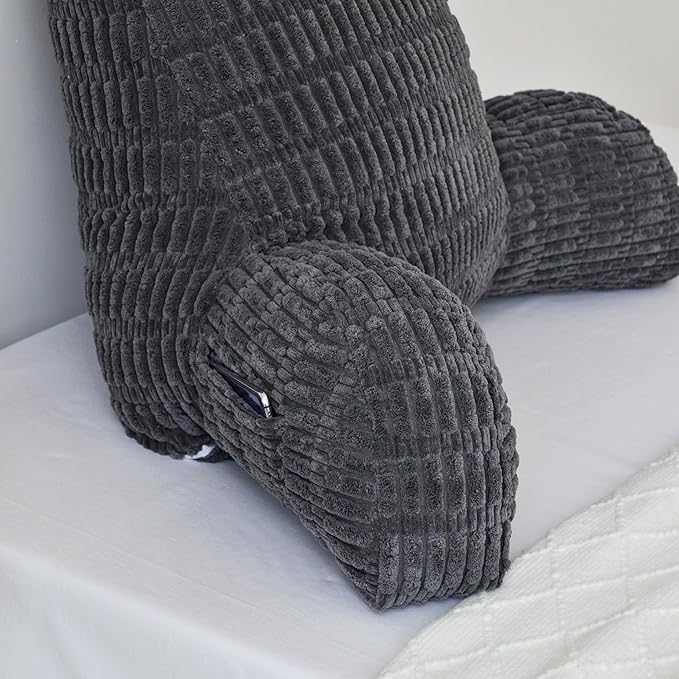 WERDIM Reading Pillow with Detachable Neck Roll, Large Back Pillow for Sitting Up in Bed Couch, Adult Bed Rest Pillow with Arms for Reading/Watching TV/Gaming, Dark Grey