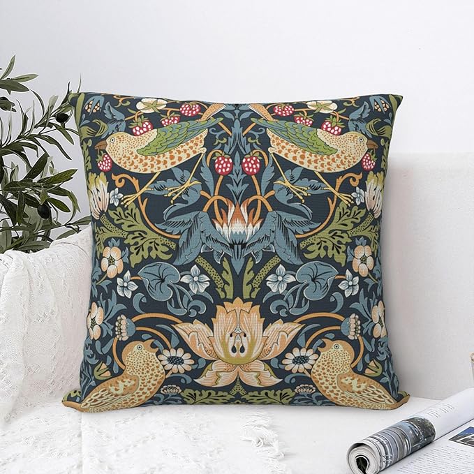 William Morris Vintage Floral Bird Strawberry Thief 18x18 inches Pillow Cover, Outdoor Farmhouse Pillow Cover Home Decor for Couch Sofa