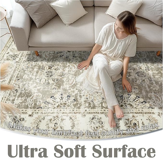 jinchan Fiora Hallway Runner Rug 3x10 Washable Runner - Vintage Floral Non Slip Low-Pile Soft Thin Faux Wool Kitchen Rug Distressed Carpet for Farmhouse Bedroom Laundry Room(3x10ft, Taupe)