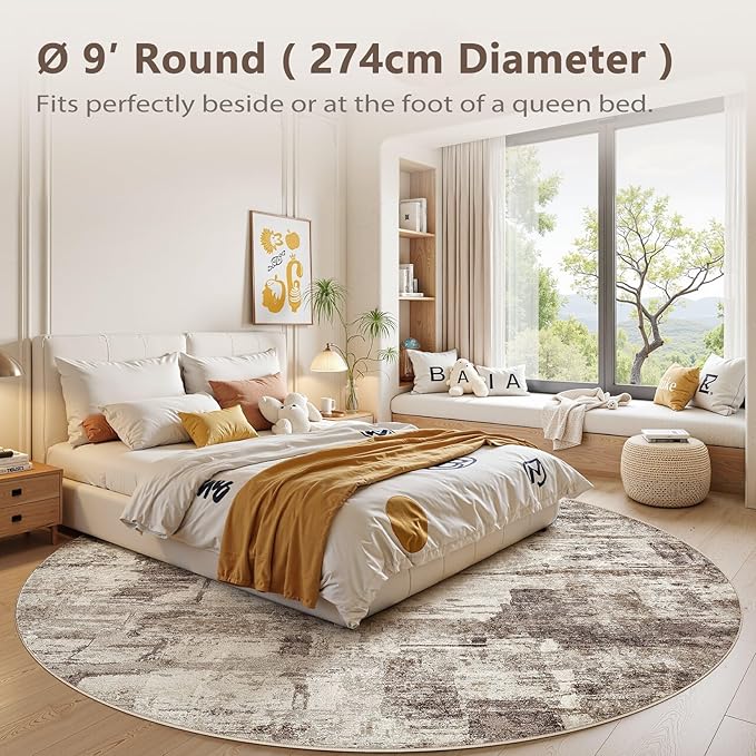 Abstract Living Room Rug 9x9 - Modern Washable Soft Thin Area Rug for Living Room Bedroom Under Dining Table - Neutral Indoor Floor Rug Carpets for Home Office Playroom Nursery - Brown