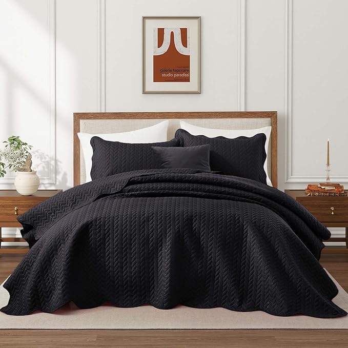 IR Imperial Rooms Twin Quilt Bedding Set Size (68” x 86”) + 1 Pillow Shams (20” x 26” + 2”) - 2 Pcs All Season Lightweight Reversible Microfiber Coverlet Embossed Quilt Bedspread (Black)