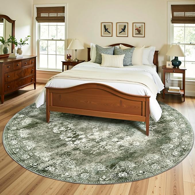 jinchan Round Rug 8ft Area Rug - Green Vintage Floor Mat Kitchen Indoor - Washable Circle 8' Thin Floral Print Christmas Carpet Retro Farmhouse Non Slip Dining Room Living Room Bedroom Office
