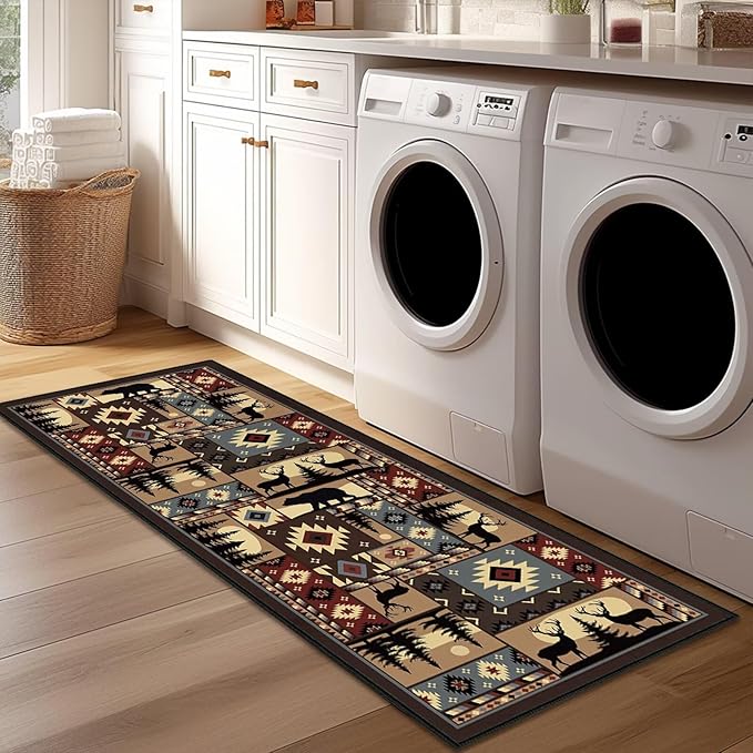 Cabin Wildlife Runner Rug 2x6,Buffalo Plaid Bear Moose Deer Country,Vintage Throw Carpet Washable Kitchen Runners Rustic Hallway Rugs Entrance Door Mat Non Slip Accent Area Rugs for Entryway,Laundry