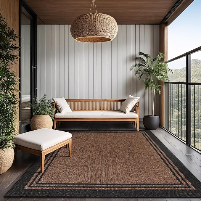 Bordered Outdoor Rug 5x7 Washable Outside Carpet for Indoor Patio Porch Waterproof Easy Cleaning Non Shedding Area Rugs Nut Brown 5 x 7