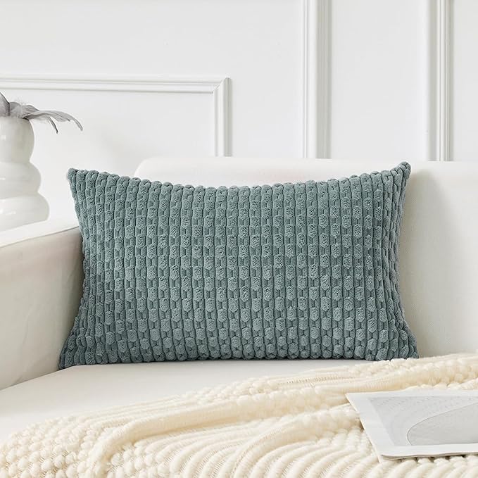 Kevin Textile 12x24 Inch Pillow Cover 1 Pack Boho Decorative Soft Striped Corduroy Lumbar Farmhouse Color Accent Rectangle Cushion Case for Living Room Couch Sofa Bed, Teal Green